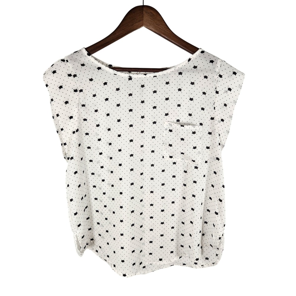 IRIS White Sheer Black Mini Polka Dot CAT‎ Blouse Size Large
